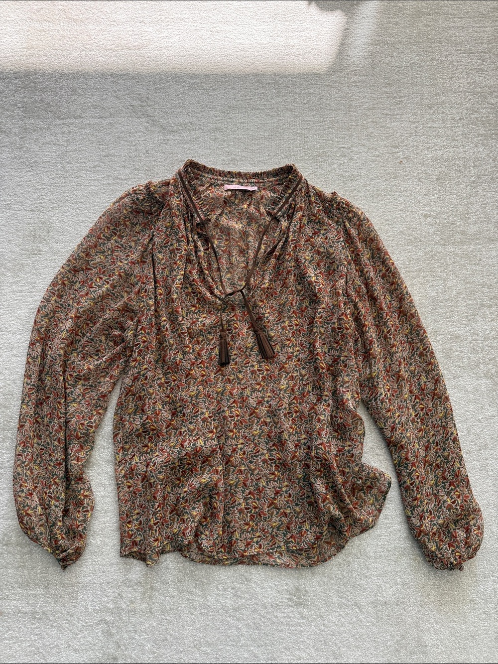 Calypso St. Barth Floral Tassel Tie Peasant Blouse Boho Chic Silk Size M Summer